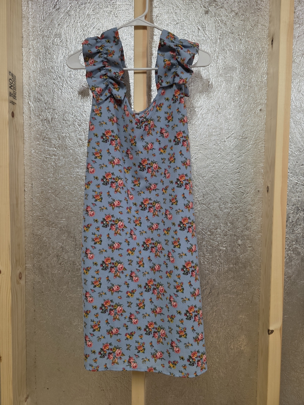 Floral Ruffle Shoulder Dress - Blue With Pockets Size L